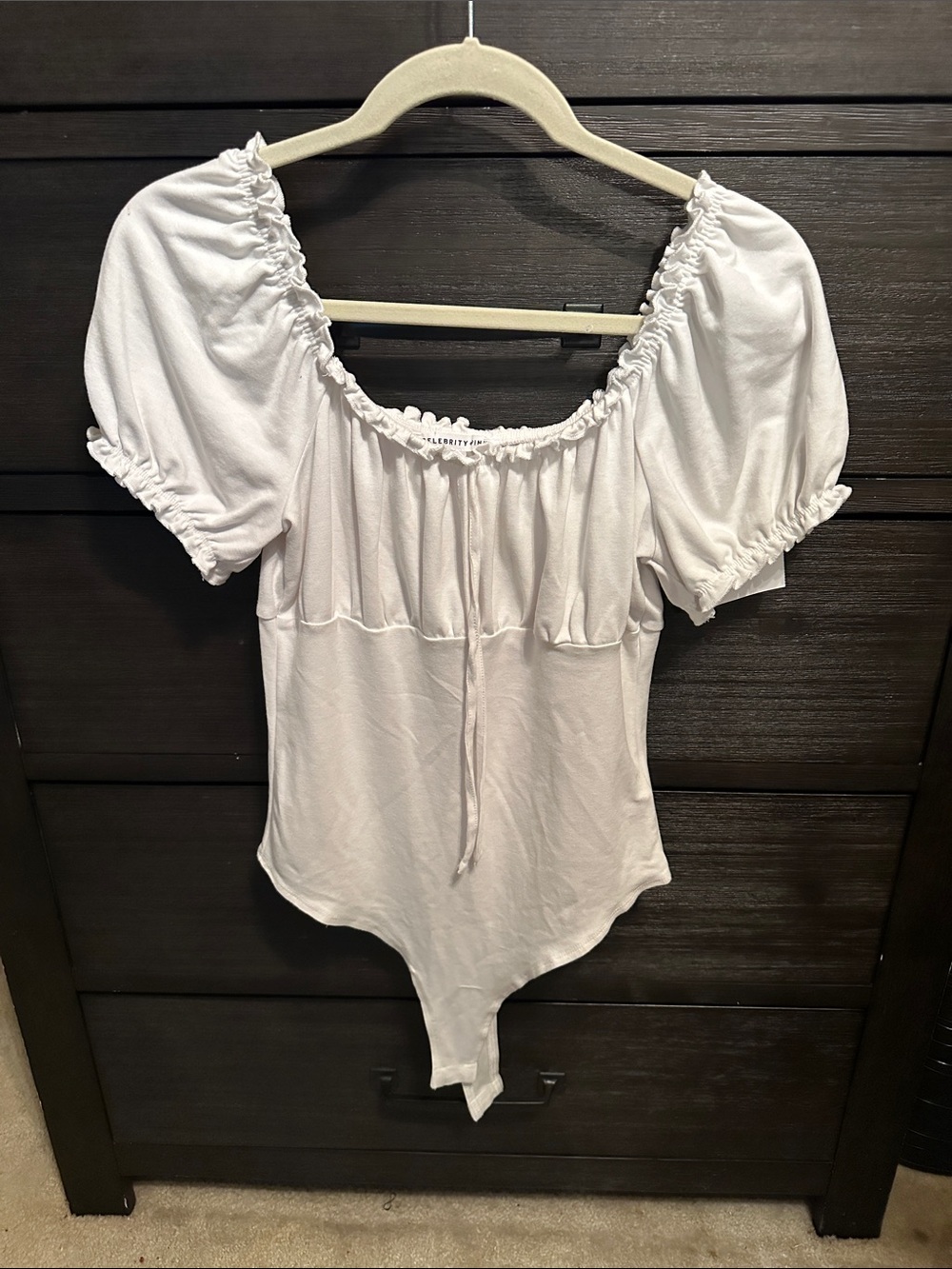 Celebrity Pink White Puff-Sleeve Square Neck Bodysuit